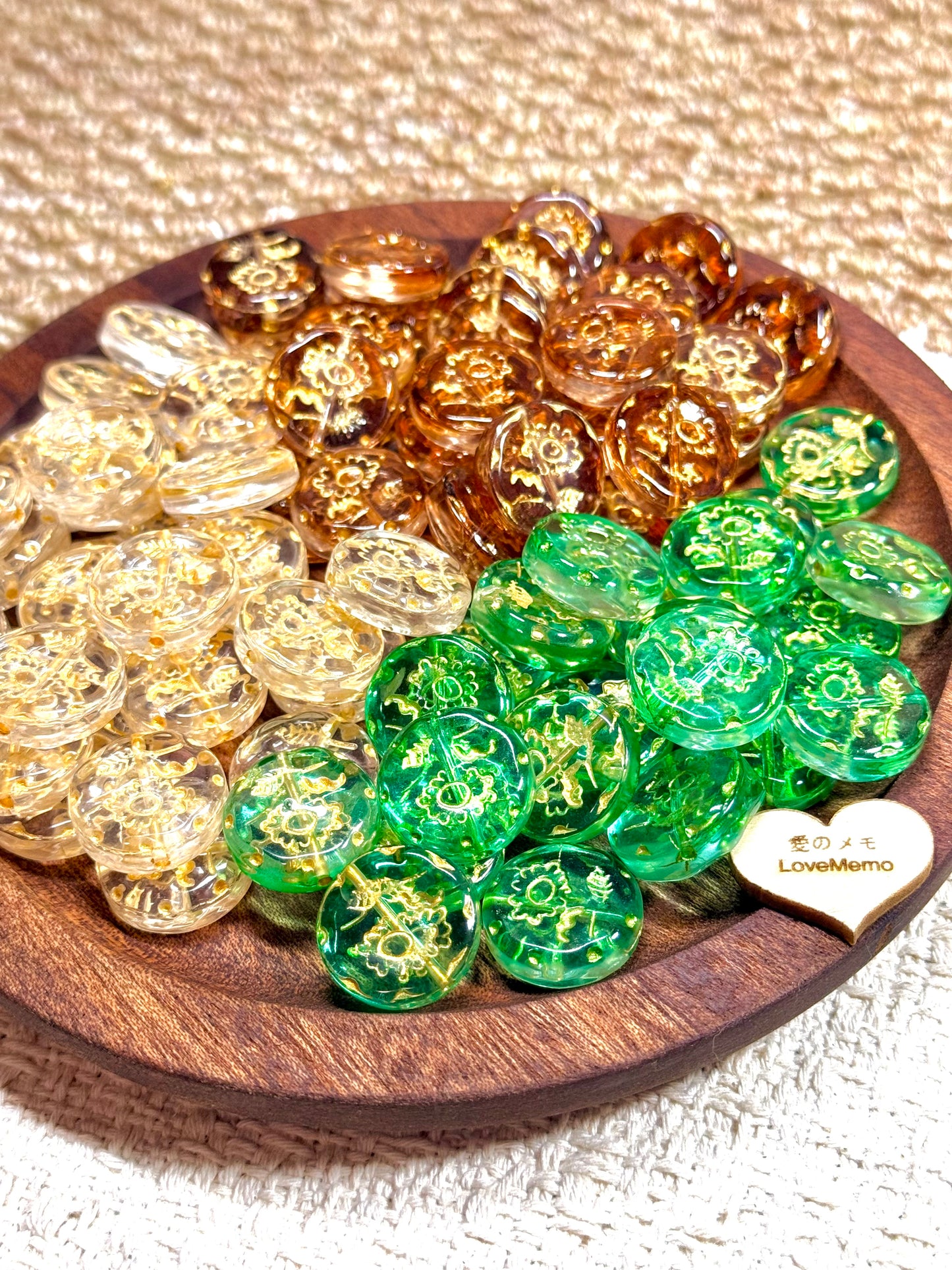 愛のメモ|金彩ひまわりラウンドプレート|手作り琉璃|1粒入り(全3色)ビーズ、材料セット、ペンダン、チャーム、ハンドメイド