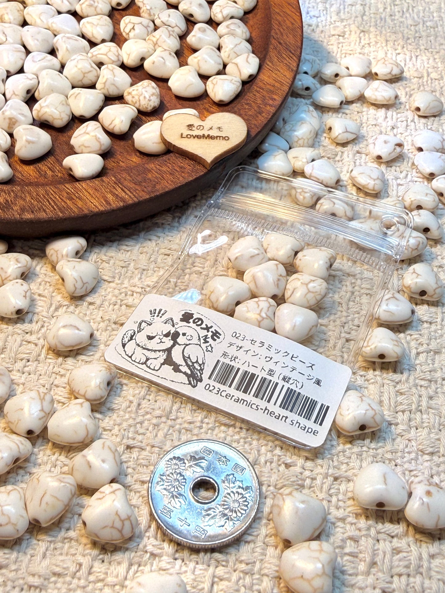 愛のメモ｜ヴィンテージ陶器モチーフビーズ｜キューブ／オーバル／ハート（3種展開）ビーズ、材料セット、ペンダン、チャーム、ハンドメイド