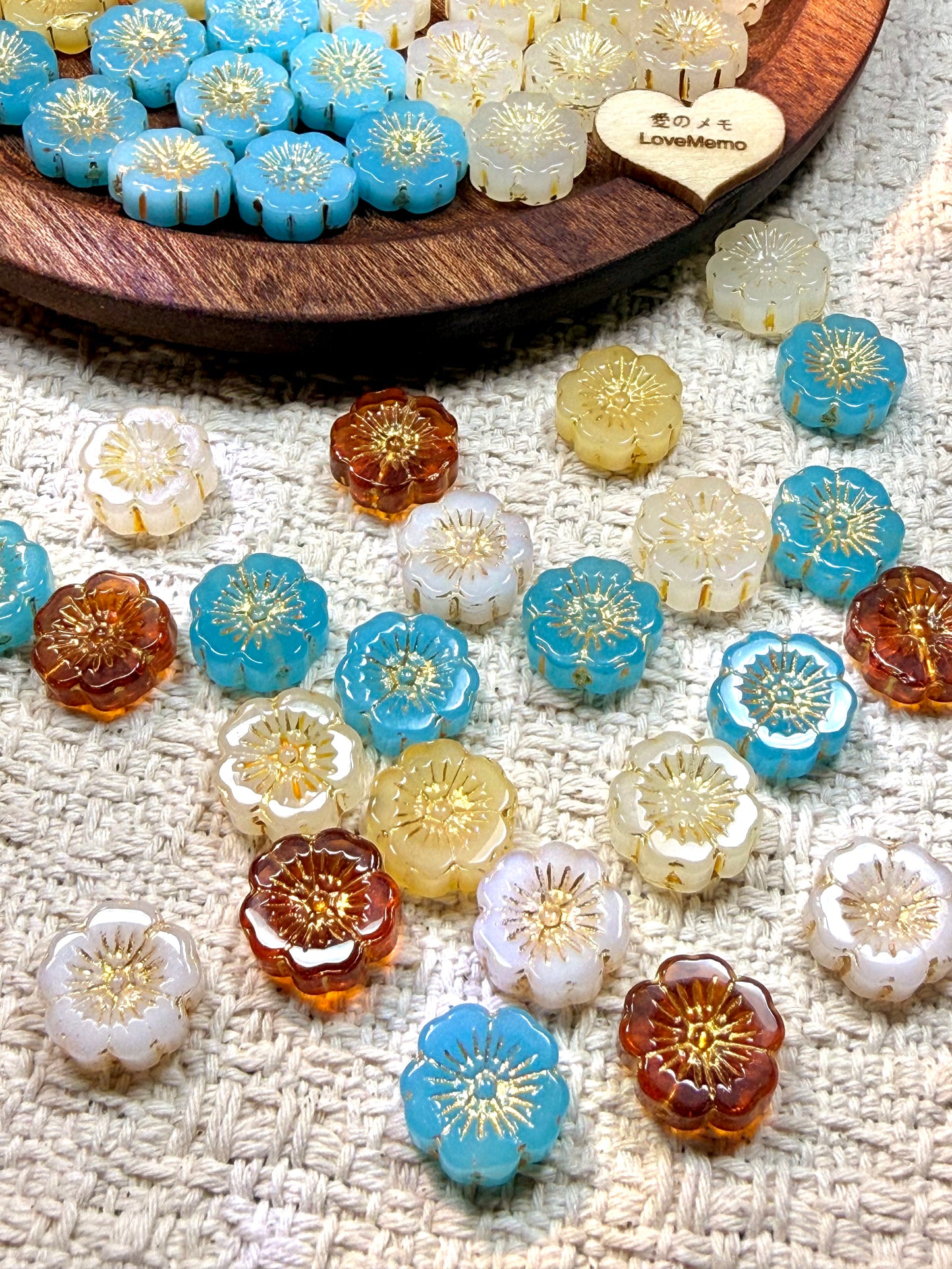 愛のメモ｜描金ラッキーフラワー｜手作り琉璃ビーズ｜2個入り（全5色）ビーズ、材料セット、ペンダン、チャーム、ハンドメイド