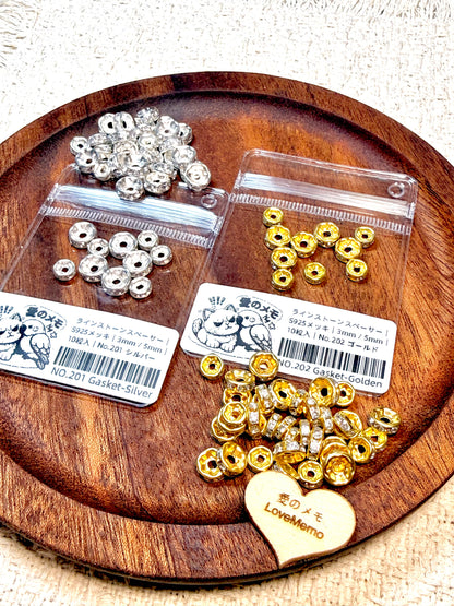 愛のメモ｜ラインストーンスペーサー｜S925メッキ｜3mm / 5mm｜10粒入 ビーズ、材料セット、ペンダン、チャーム、ハンドメイド