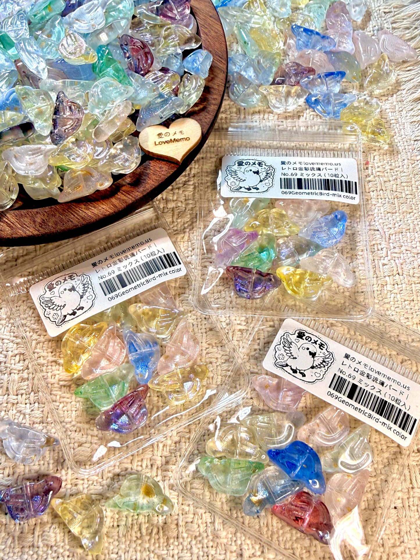 愛のメモ｜レトロ金彩琉璃バード｜幾何デザイン｜2粒入（5種） ビーズ、材料セット、ペンダン、チャーム、ハンドメイド