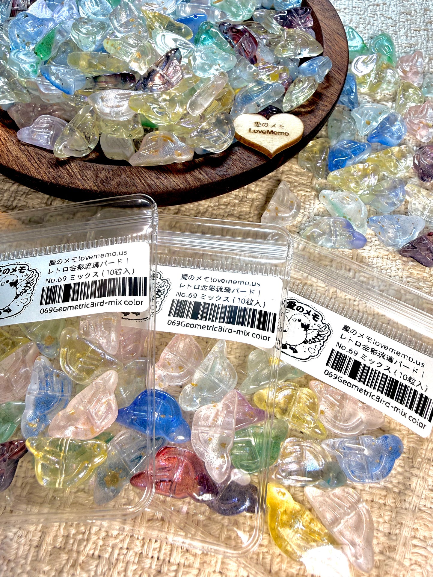 愛のメモ｜レトロ金彩琉璃バード｜幾何デザイン｜2粒入（5種） ビーズ、材料セット、ペンダン、チャーム、ハンドメイド