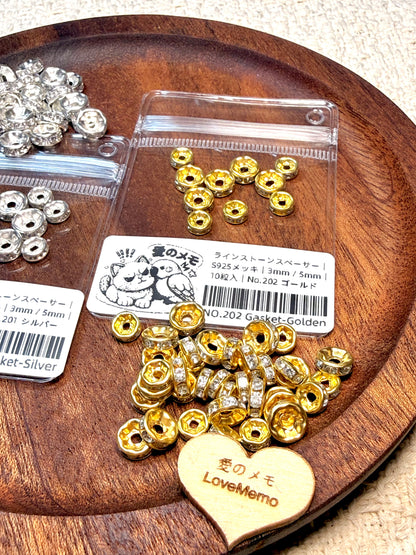 愛のメモ｜ラインストーンスペーサー｜S925メッキ｜3mm / 5mm｜10粒入 ビーズ、材料セット、ペンダン、チャーム、ハンドメイド