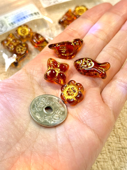 愛のメモ｜ブラウン琉璃描金 4点セット｜魚・鳥・花・四つ葉｜単品／セット選択可 ビーズ、材料セット、ペンダン、チャーム、ハンドメイド