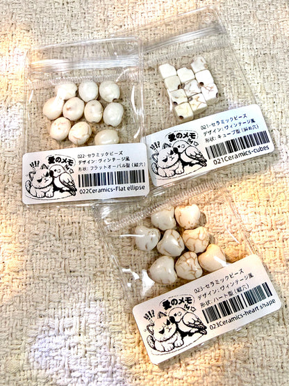 愛のメモ｜ヴィンテージ陶器モチーフビーズ｜キューブ／オーバル／ハート（3種展開）ビーズ、材料セット、ペンダン、チャーム、ハンドメイド