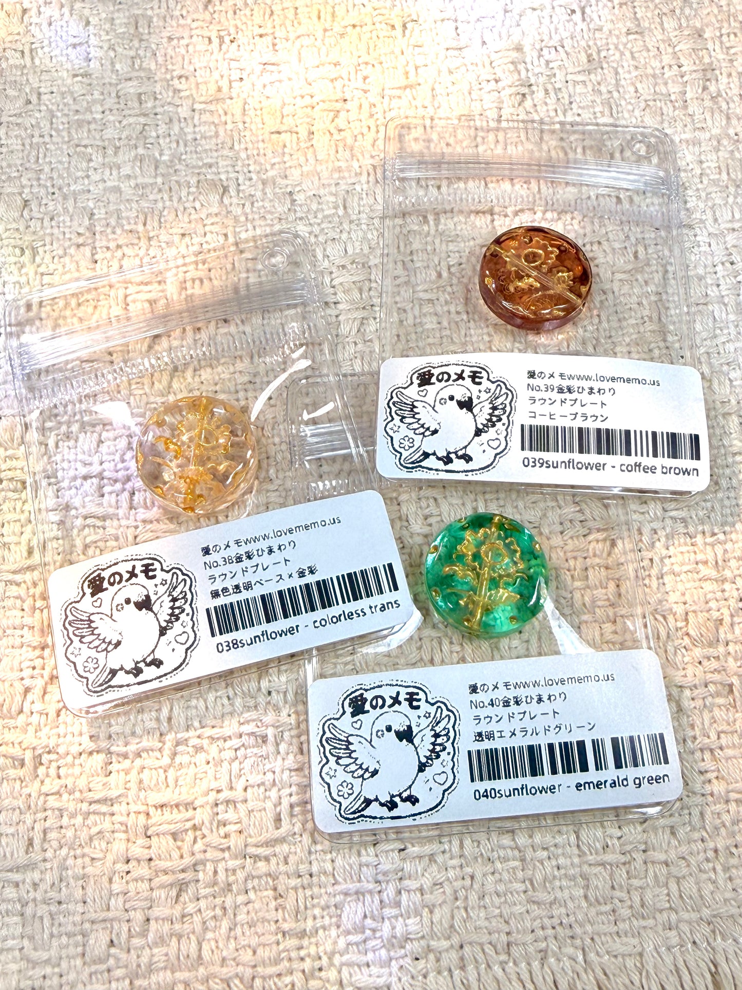 愛のメモ｜金彩ひまわりラウンドプレート｜手作り琉璃｜1粒入り（全3色）ビーズ、材料セット、ペンダン、チャーム、ハンドメイド