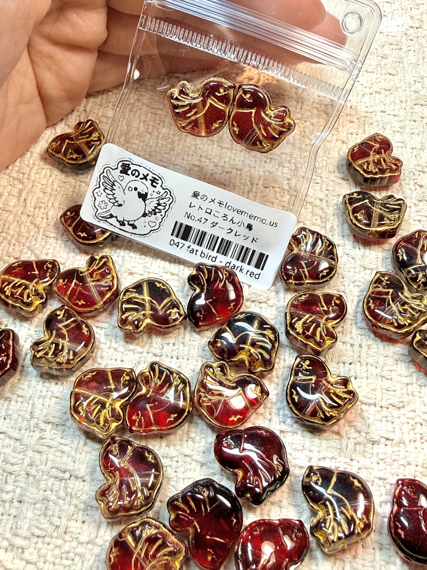 愛のメモ｜レトロころん小鳥｜金彩琉璃ビーズ｜2粒入り（全8色）ビーズ、材料セット、ペンダン、チャーム、ハンドメイド
