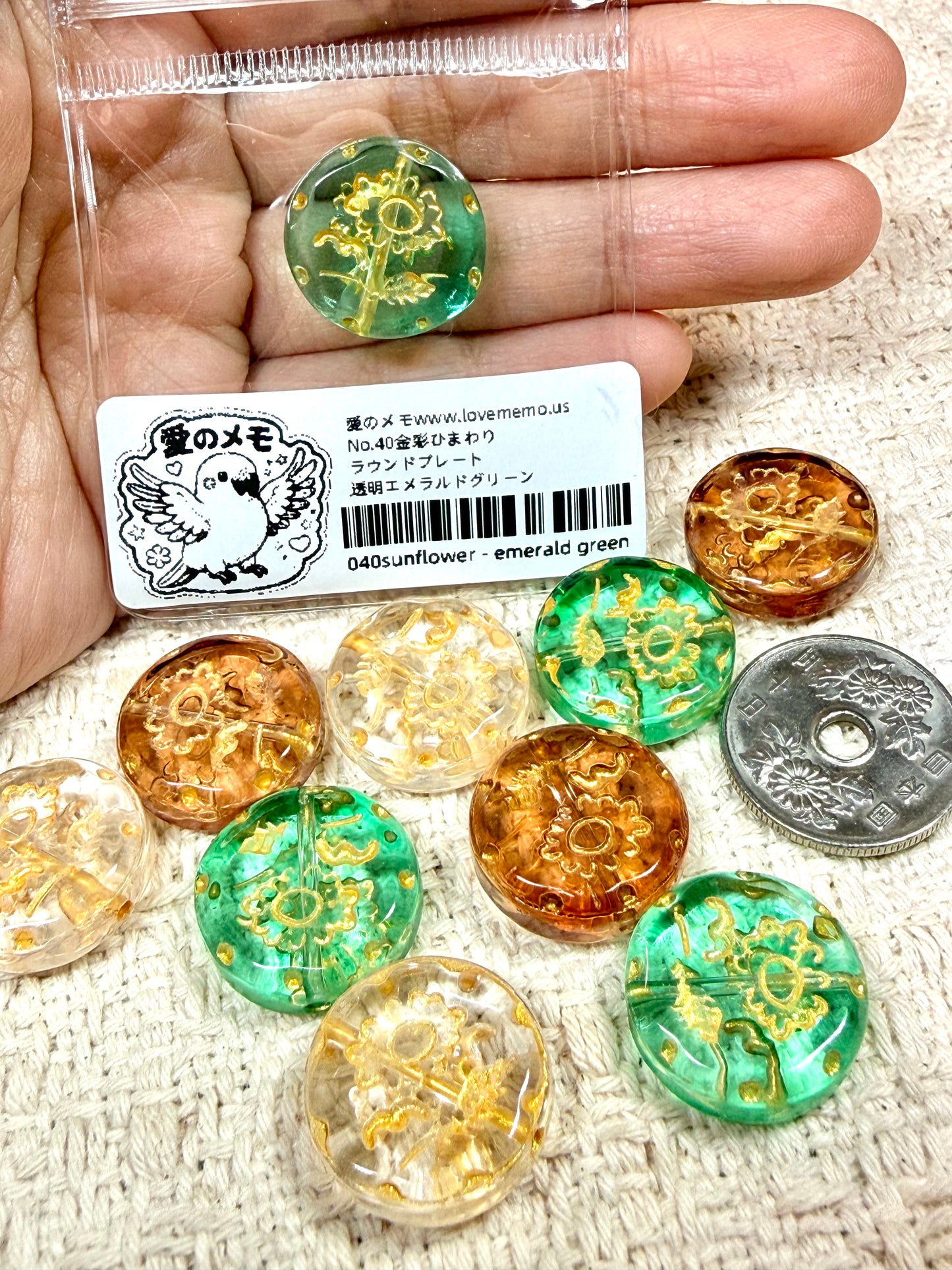 愛のメモ｜金彩ひまわりラウンドプレート｜手作り琉璃｜1粒入り（全3色）ビーズ、材料セット、ペンダン、チャーム、ハンドメイド